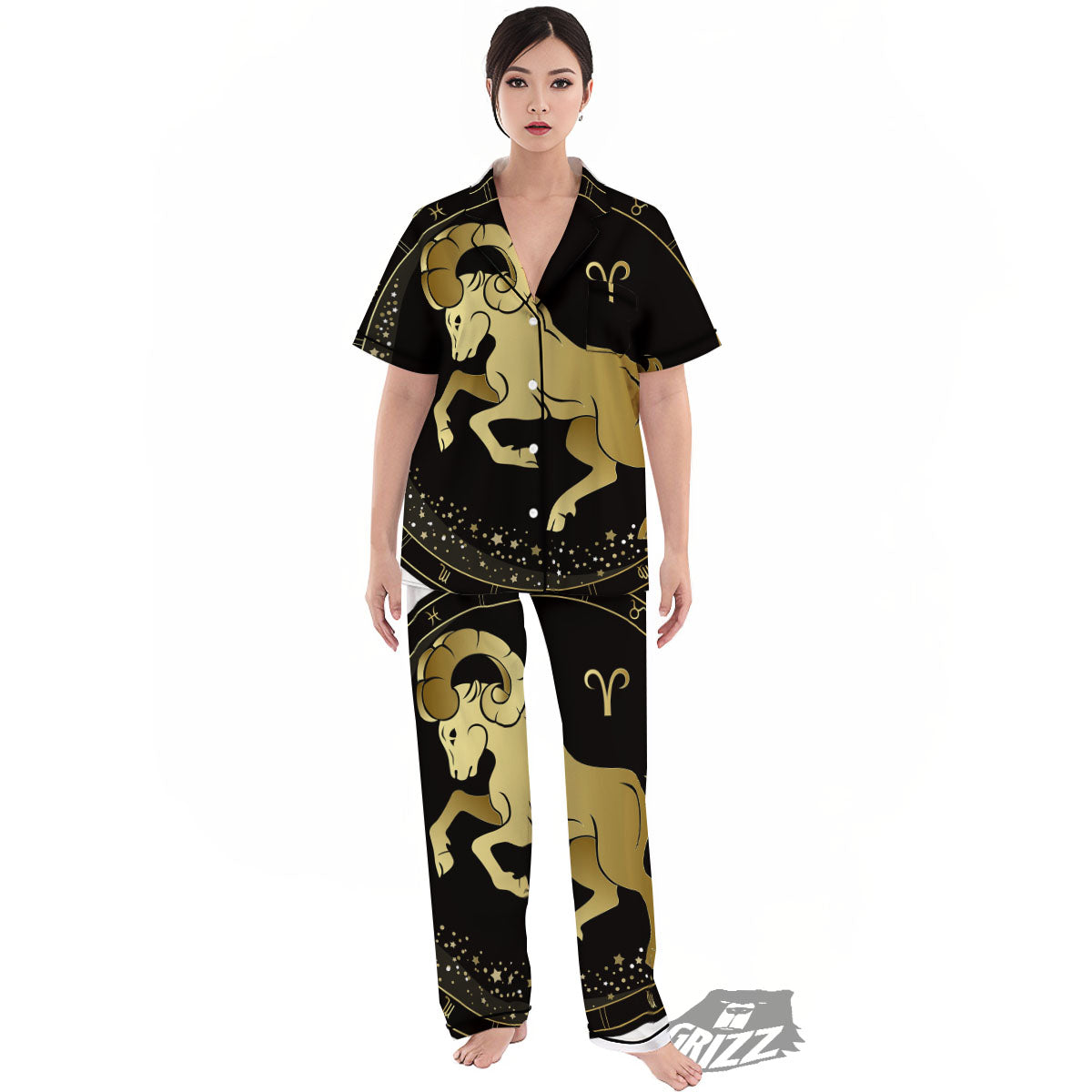 Aries Sign Black And Gold Print Women's Pajamas Set-grizzshop