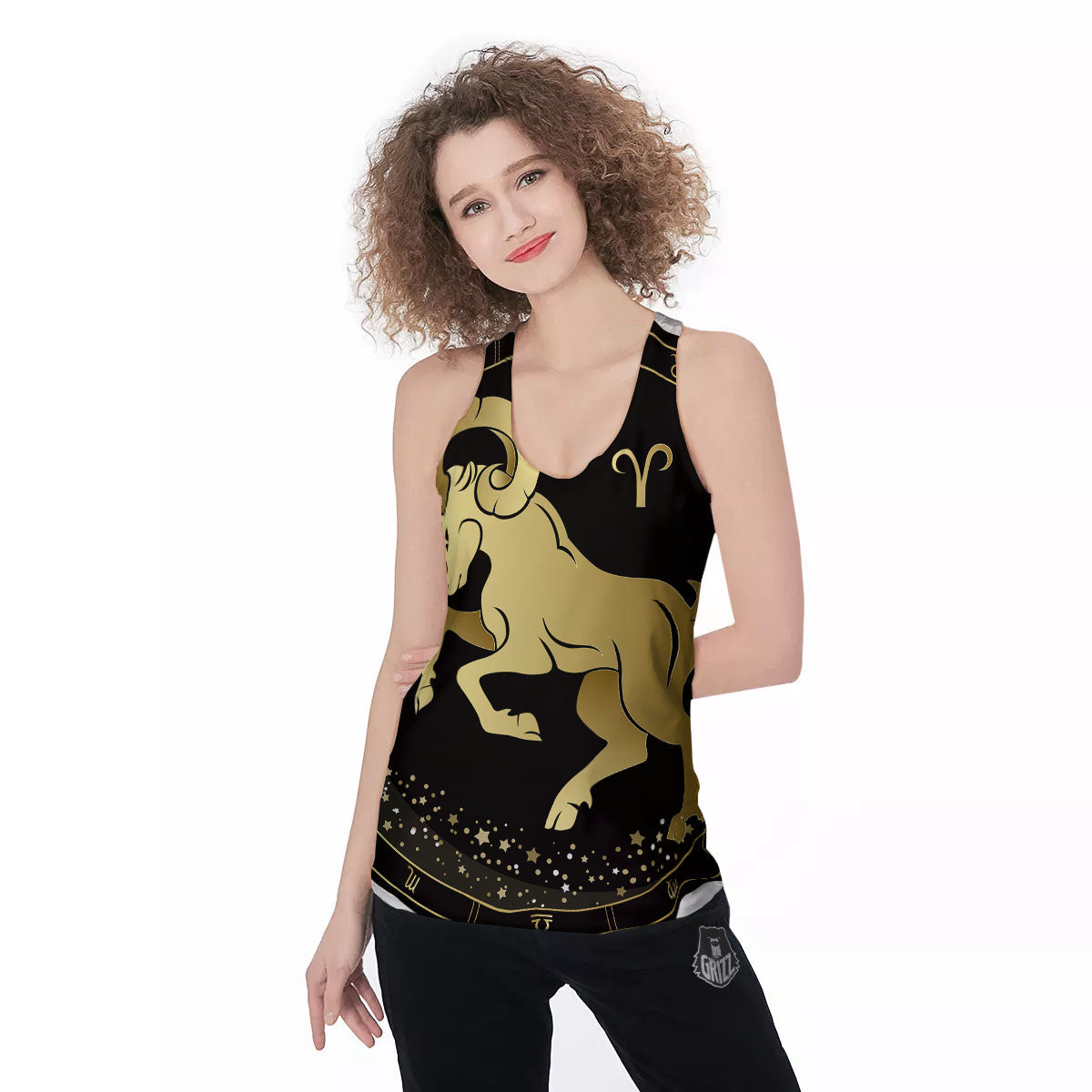 Aries Sign Black And Gold Print Women's Racerback Tank Top-grizzshop