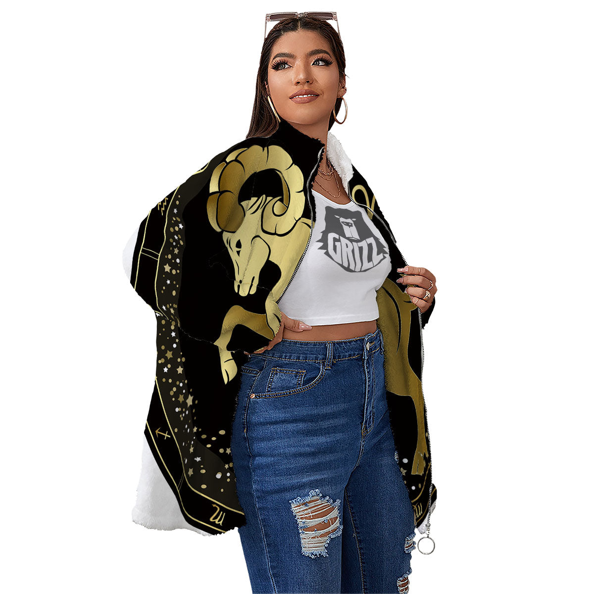 Aries Sign Black And Gold Print Women's Sherpa Jacket-grizzshop