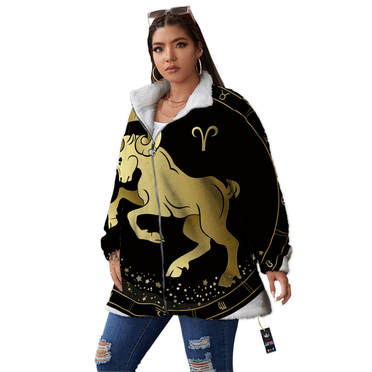 Aries Sign Black And Gold Print Women's Sherpa Jacket-grizzshop