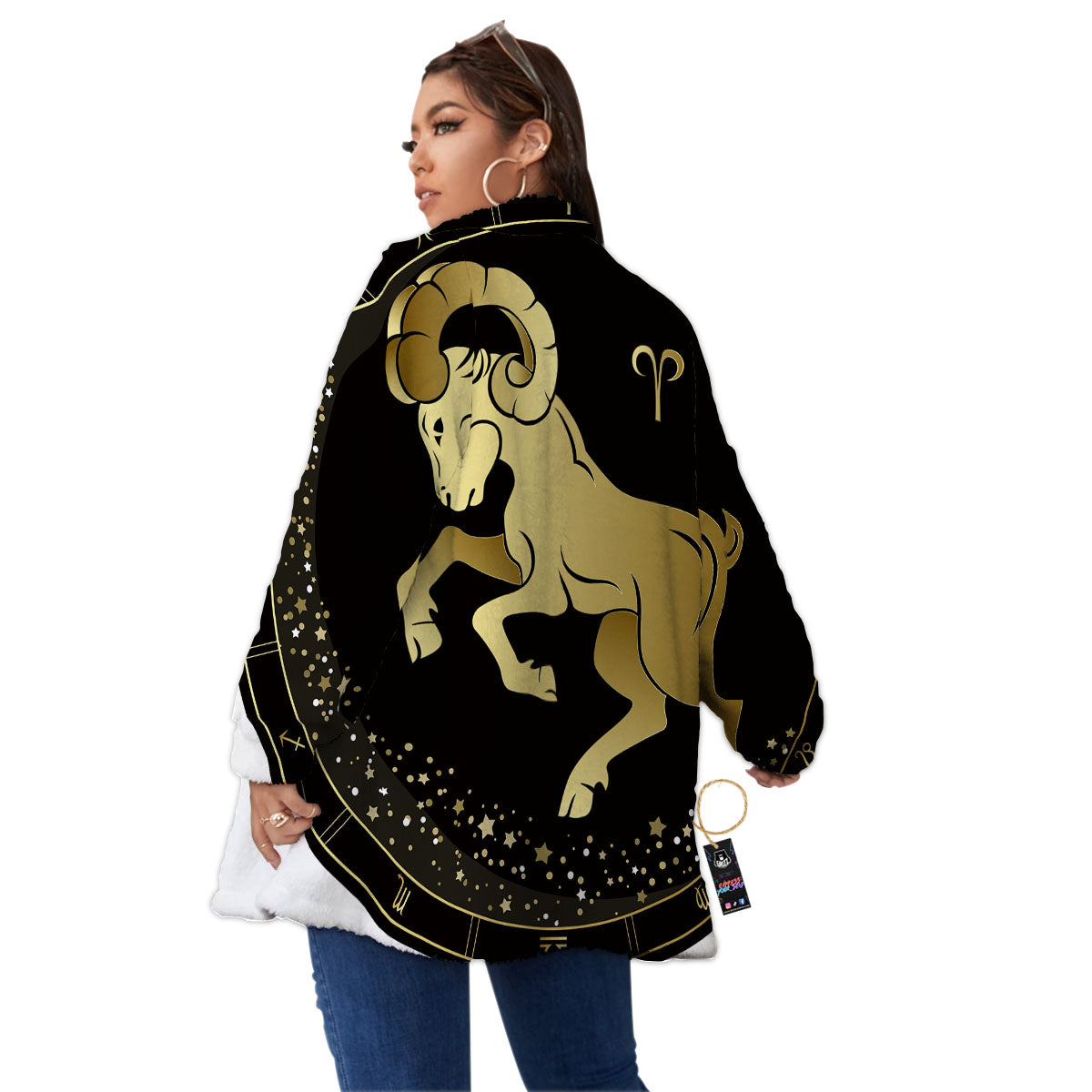 Aries Sign Black And Gold Print Women's Sherpa Jacket-grizzshop