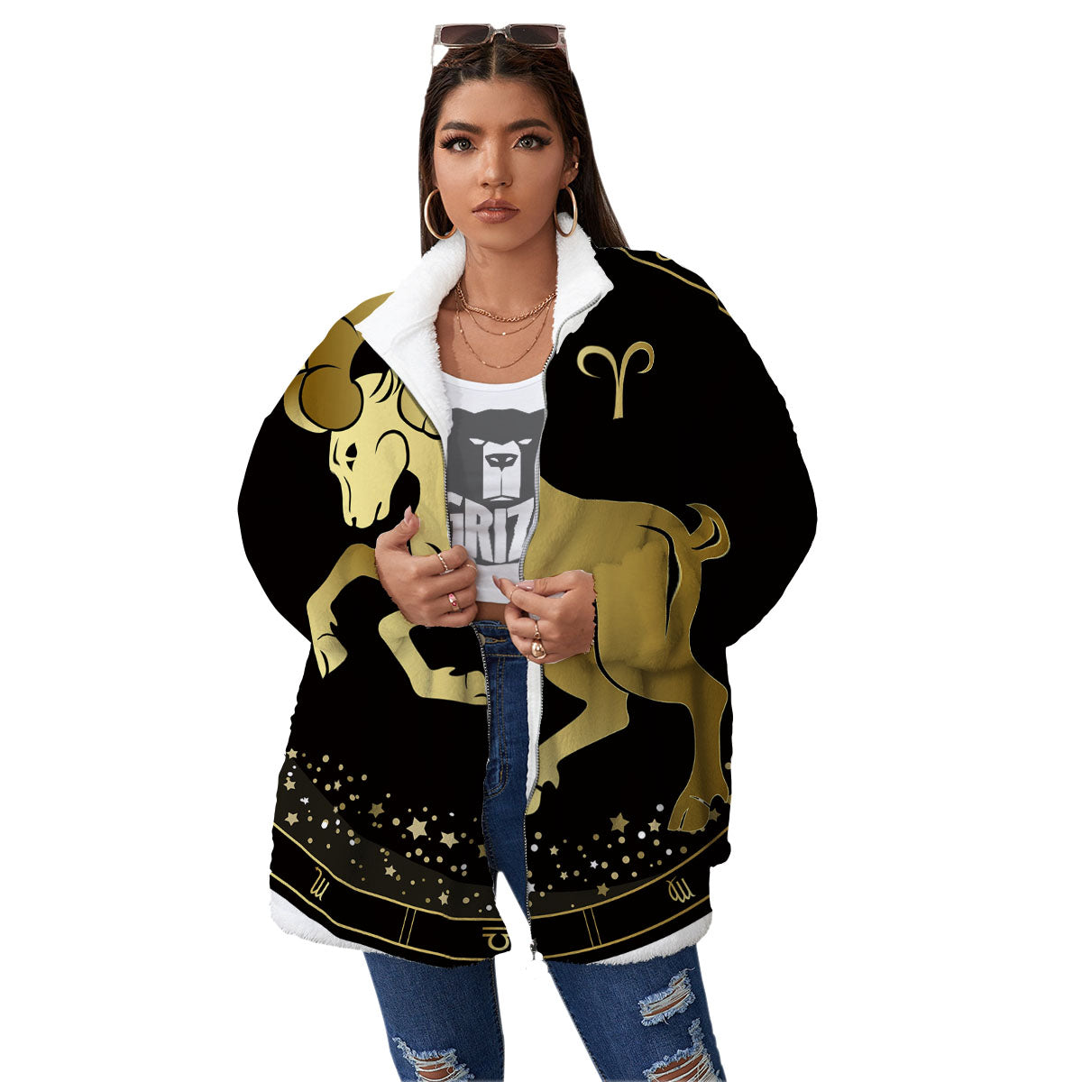 Aries Sign Black And Gold Print Women's Sherpa Jacket-grizzshop