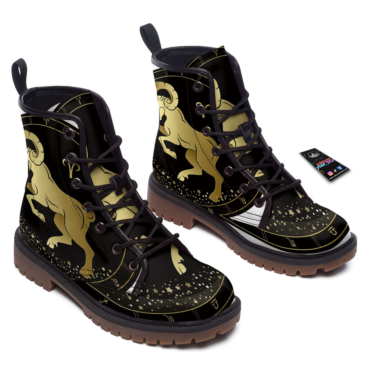 Aries Sign Black And Gold Print Work Boots-grizzshop