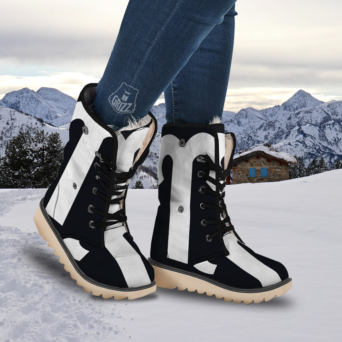 Aries Sign White And Black Print Snow Boots-grizzshop