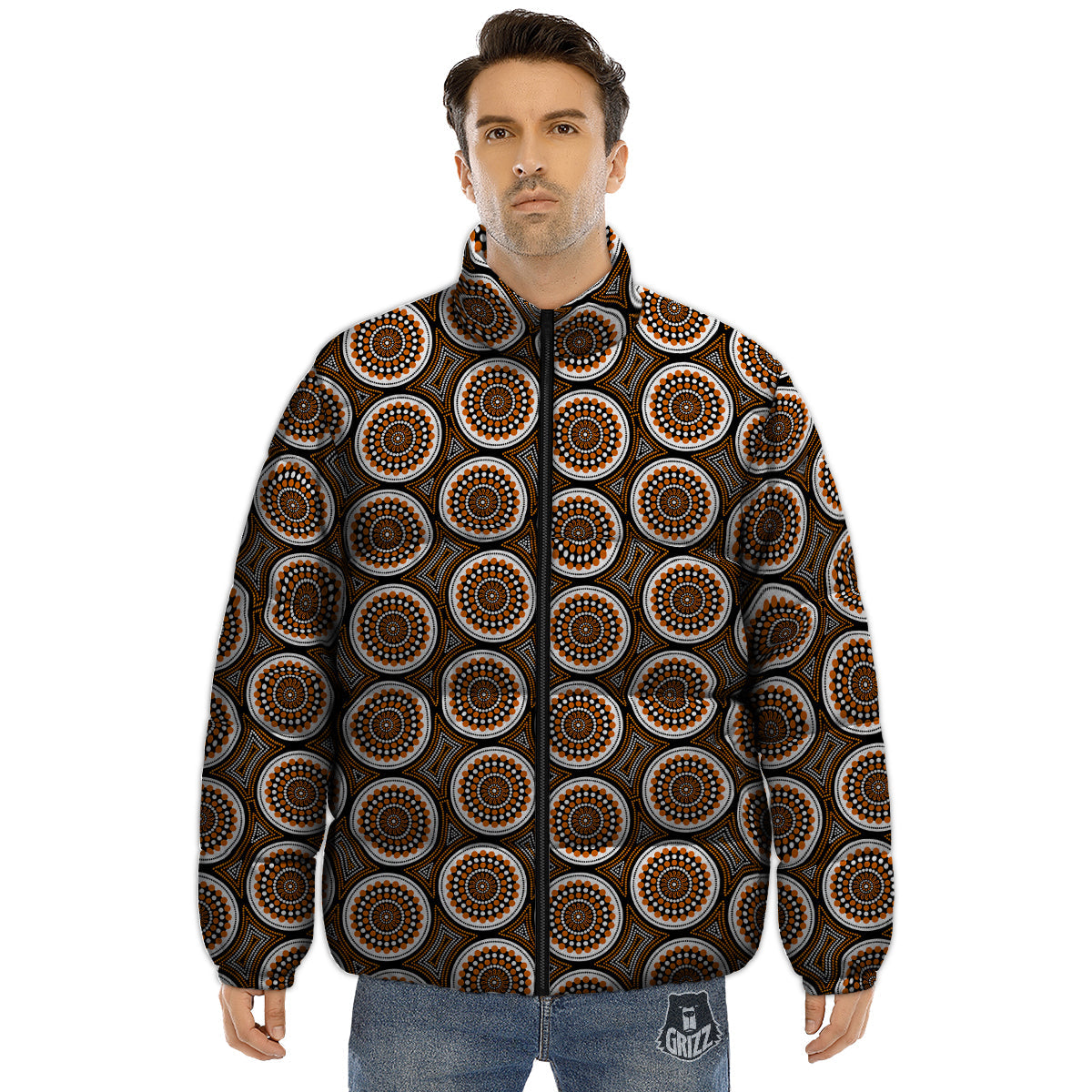 Art Dot Aboriginal Print Pattern Puffer Jacket-grizzshop
