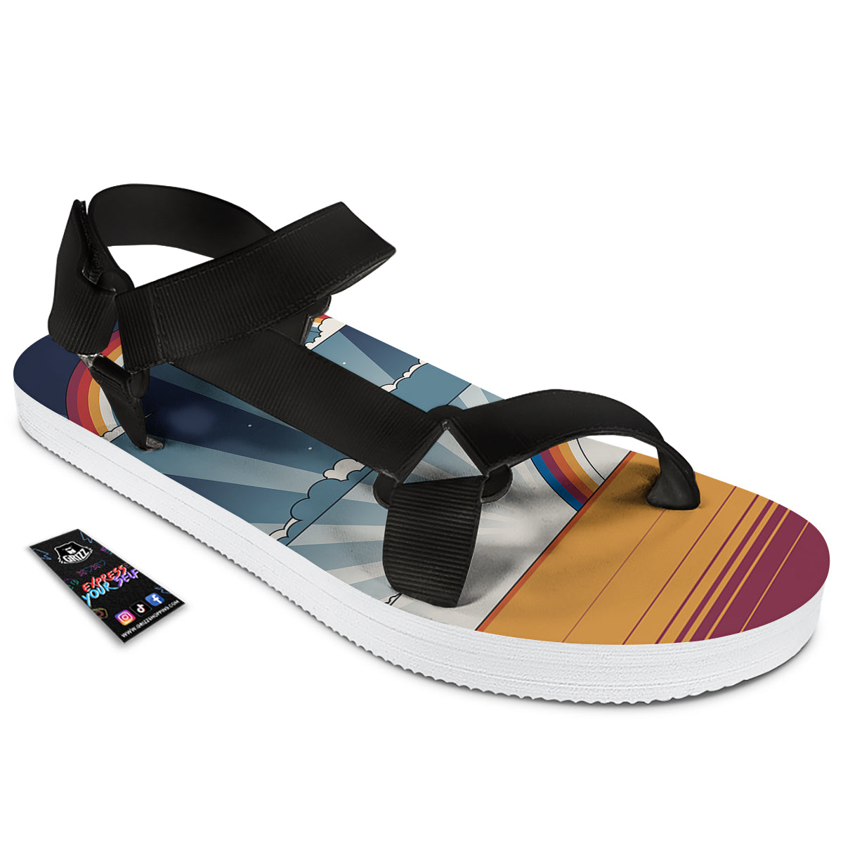 Art Style Hippie 1960s Print Black Open Toe Sandals-grizzshop
