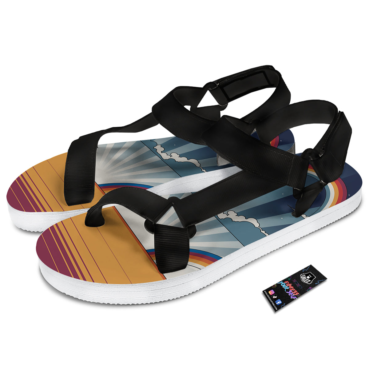 Art Style Hippie 1960s Print Black Open Toe Sandals-grizzshop