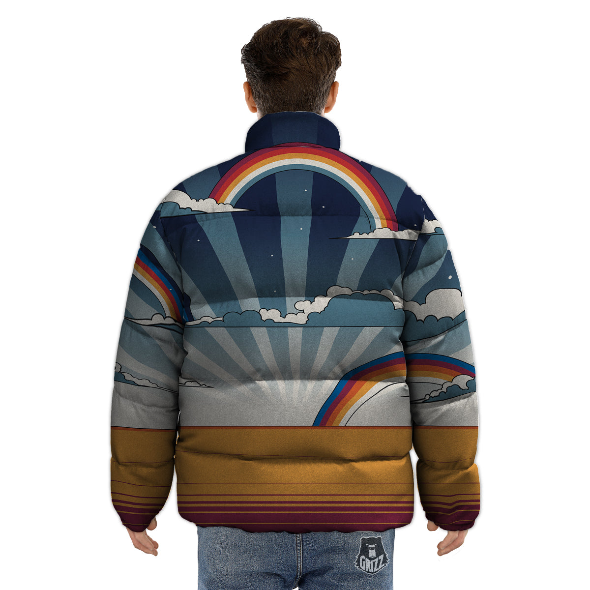 Art Style Hippie 1960s Print Puffer Jacket-grizzshop