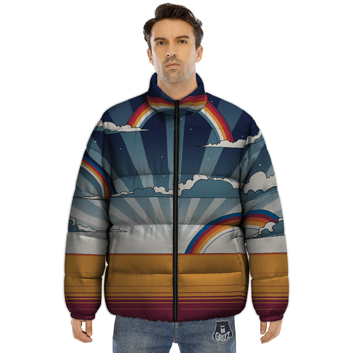 Art Style Hippie 1960s Print Puffer Jacket-grizzshop