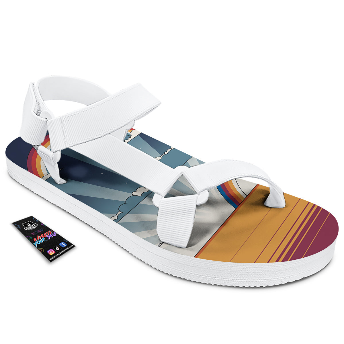 Art Style Hippie 1960s Print White Open Toe Sandals-grizzshop
