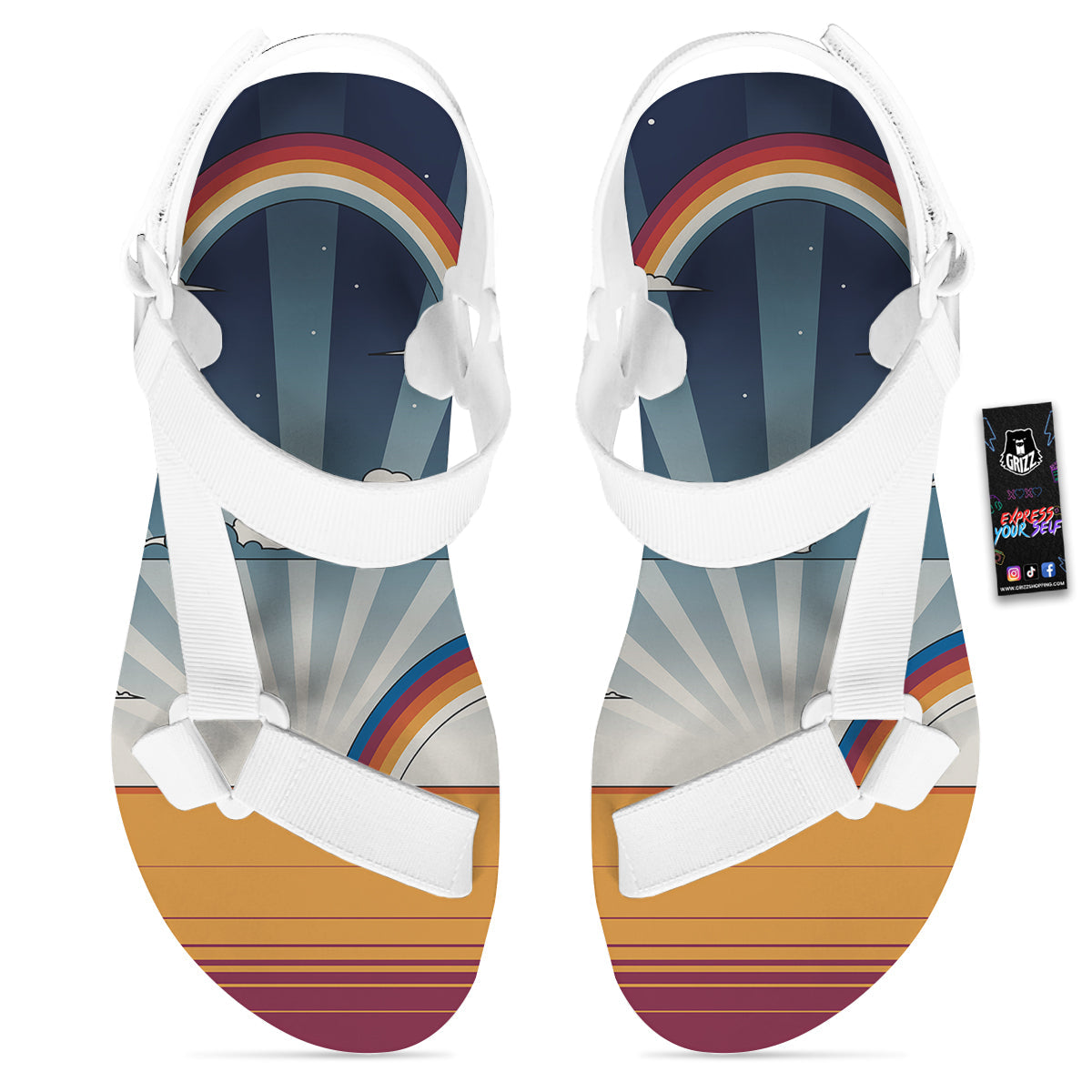 Art Style Hippie 1960s Print White Open Toe Sandals-grizzshop