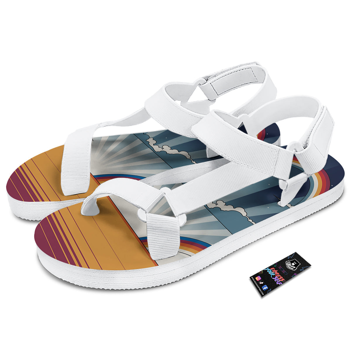 Art Style Hippie 1960s Print White Open Toe Sandals-grizzshop