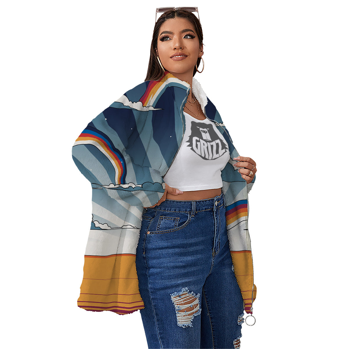 Art Style Hippie 1960s Print Women's Sherpa Jacket-grizzshop
