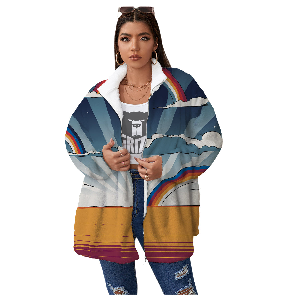 Art Style Hippie 1960s Print Women's Sherpa Jacket-grizzshop