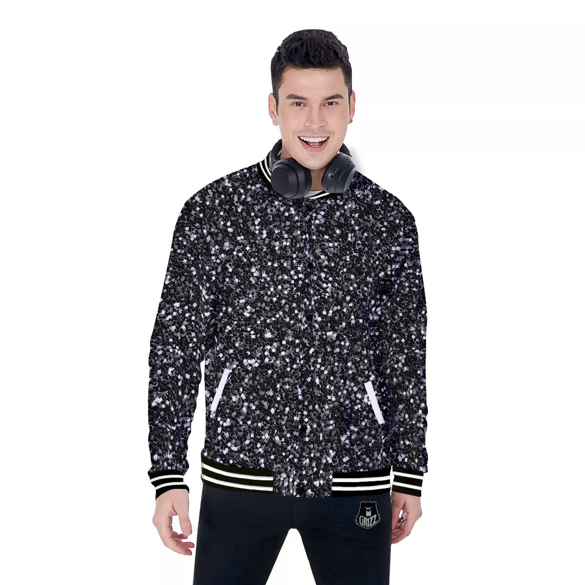 Artwork Black Glitter Print Baseball Jacket-grizzshop
