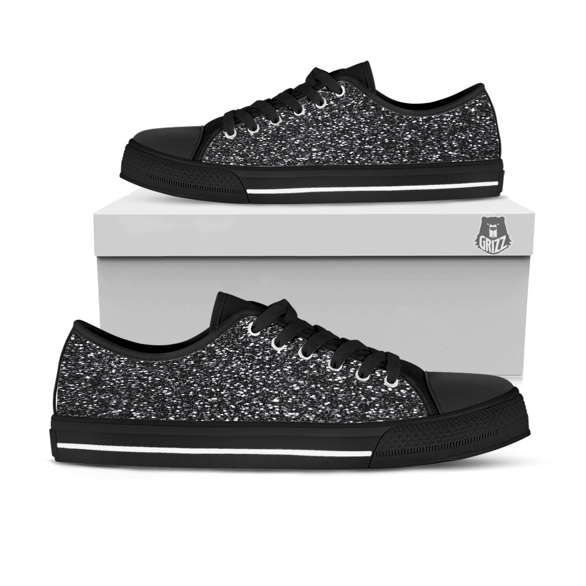 Artwork Black Glitter Print Black Low Top Shoes-grizzshop