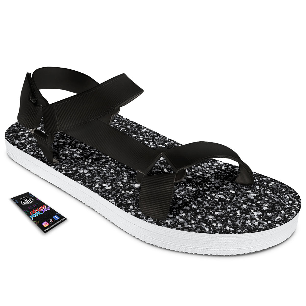 Artwork Black Glitter Print Black Open Toe Sandals-grizzshop