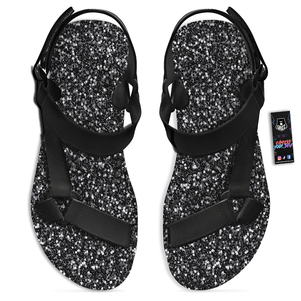Artwork Black Glitter Print Black Open Toe Sandals-grizzshop