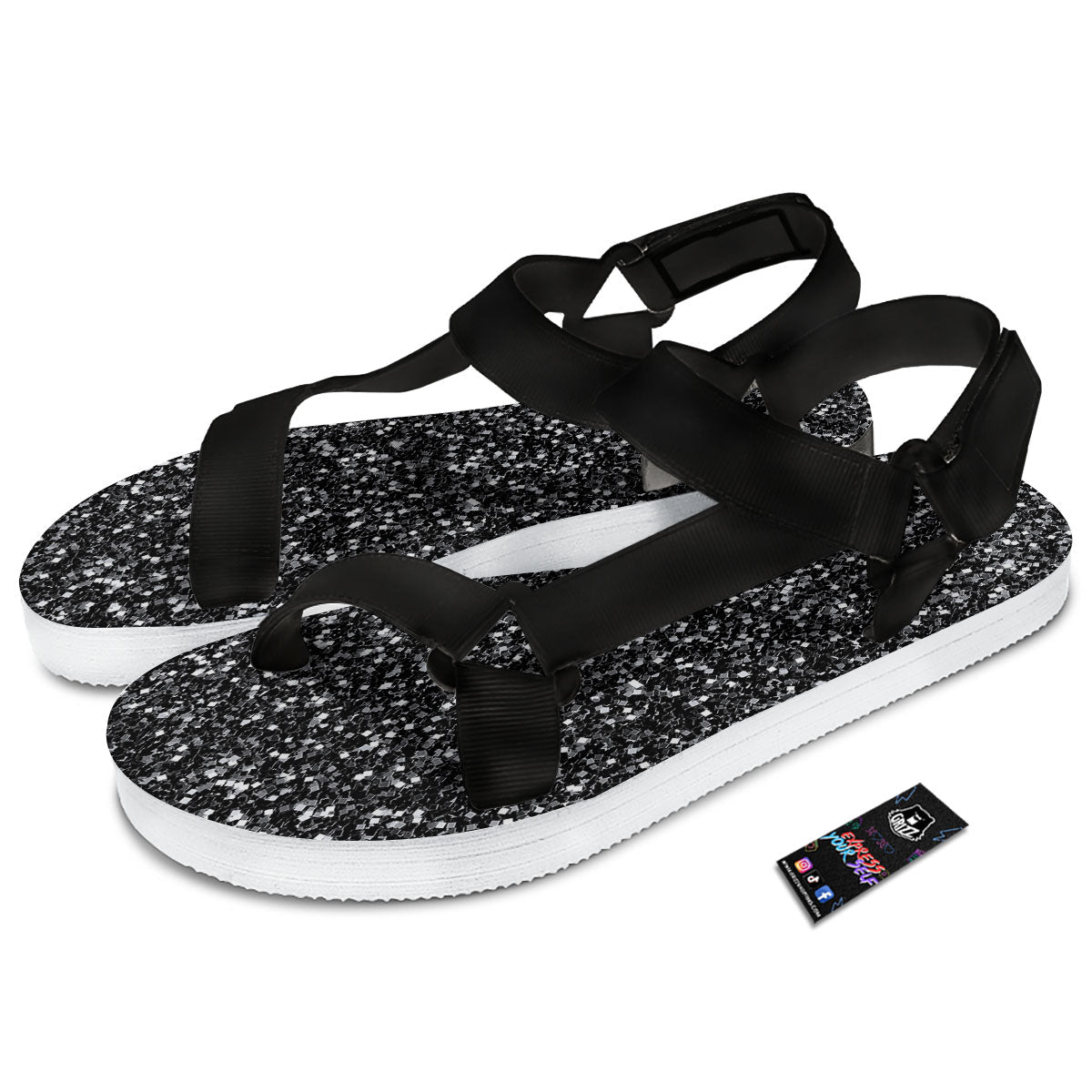 Artwork Black Glitter Print Black Open Toe Sandals-grizzshop