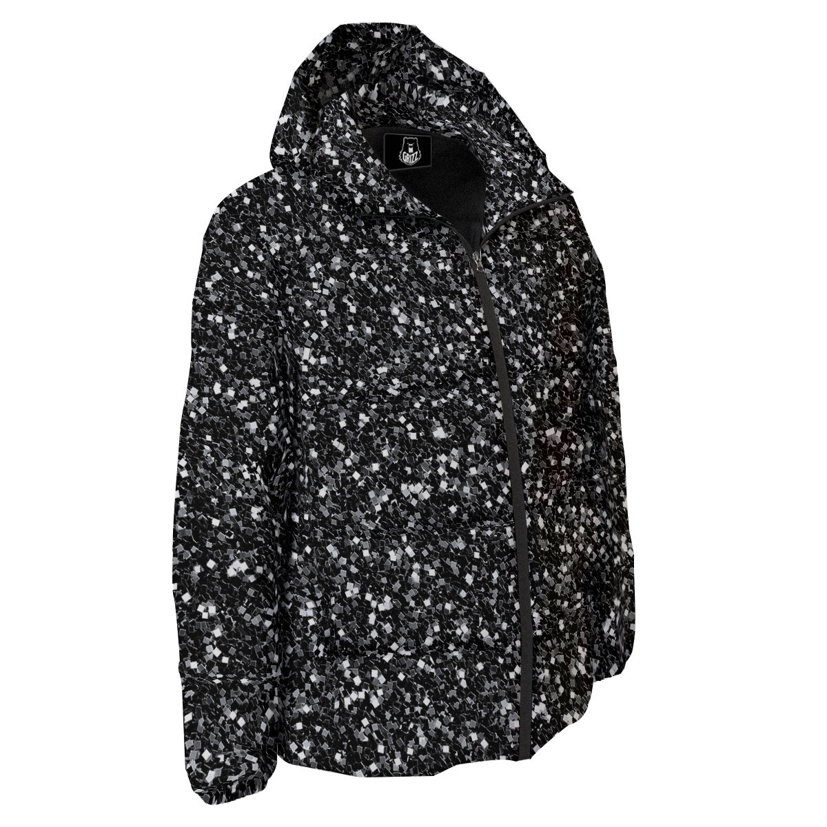Artwork Black Glitter Print Down Jacket-grizzshop