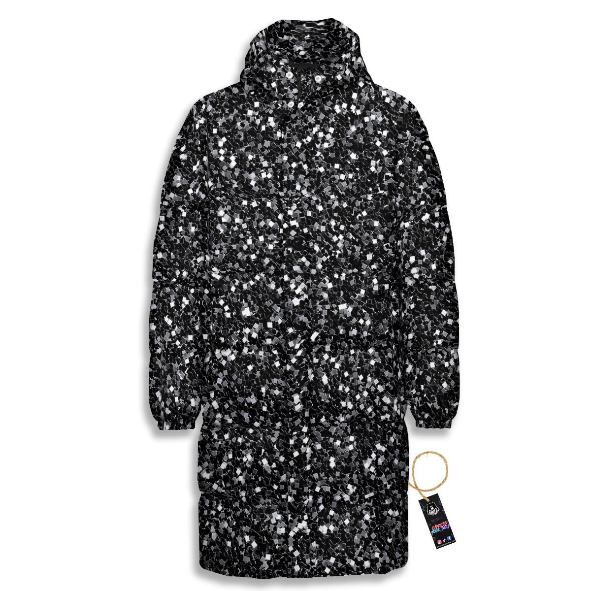 Artwork Black Glitter Print Long Down Jacket-grizzshop