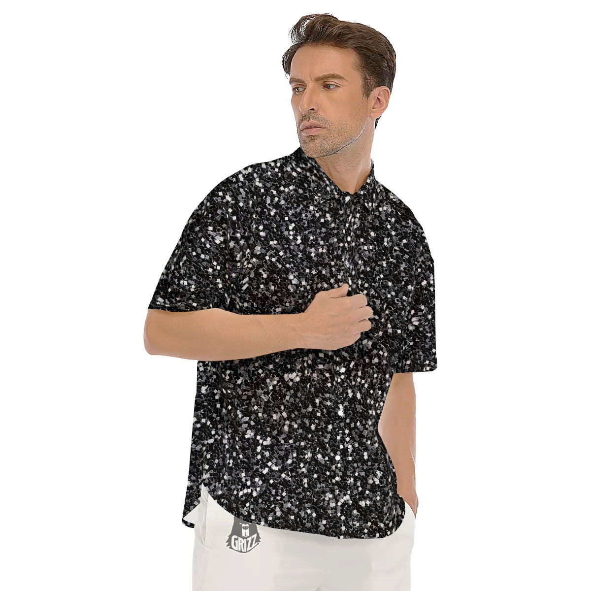 Artwork Black Glitter Print Men's Short Sleeve Shirts-grizzshop