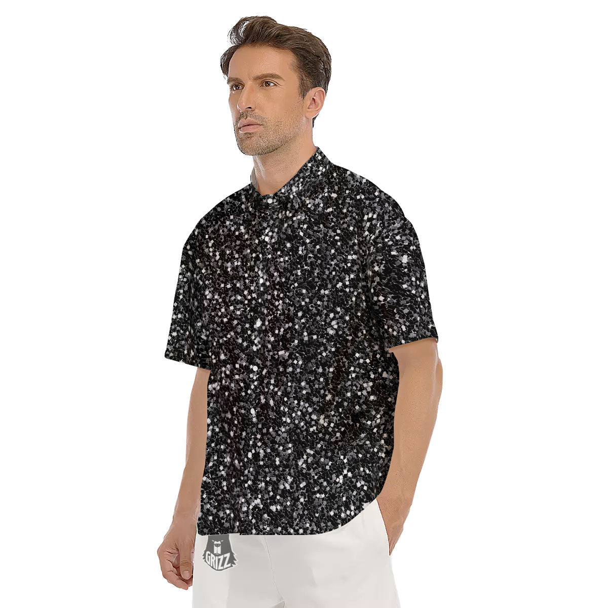 Artwork Black Glitter Print Men's Short Sleeve Shirts-grizzshop