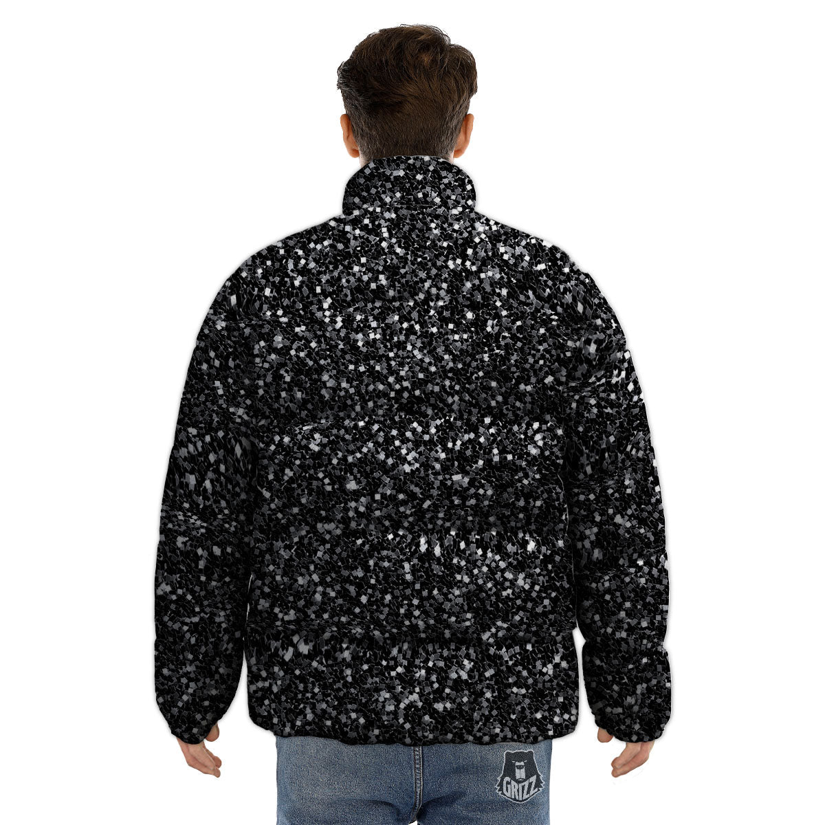 Artwork Black Glitter Print Puffer Jacket-grizzshop