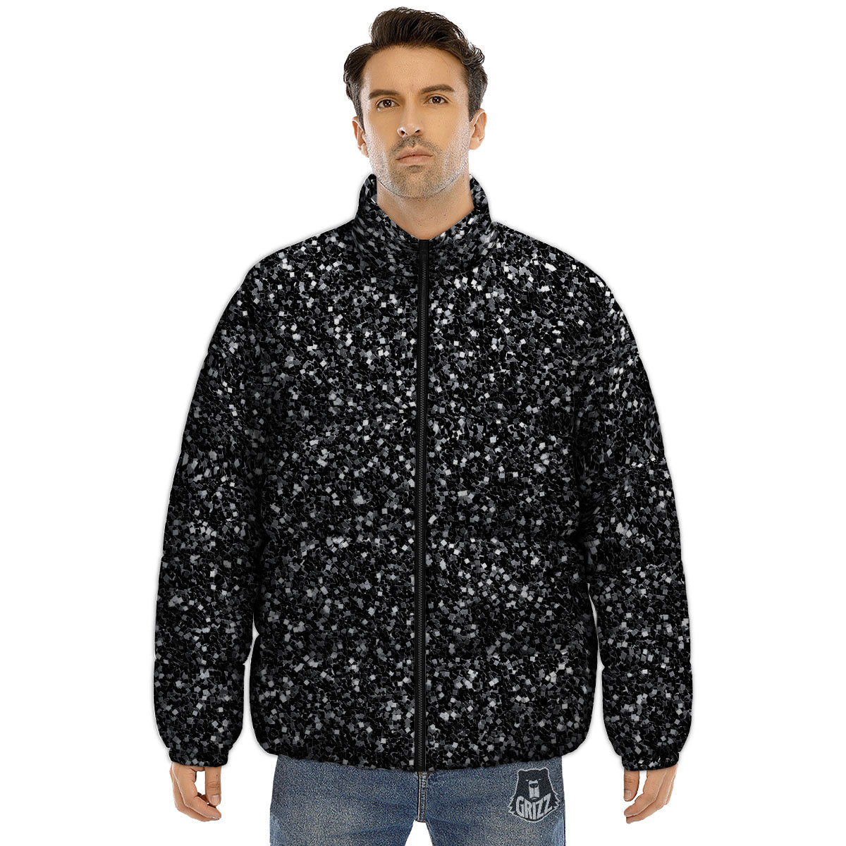 Artwork Black Glitter Print Puffer Jacket-grizzshop