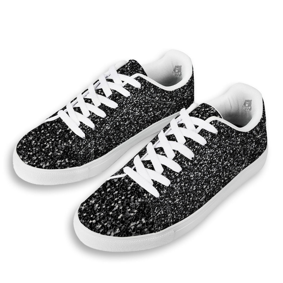 Artwork Black Glitter Print White Low Top Sneakers-grizzshop