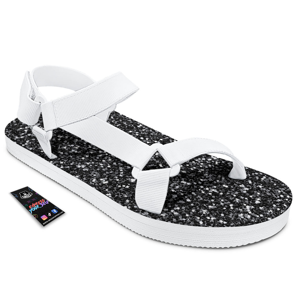 Artwork Black Glitter Print White Open Toe Sandals-grizzshop