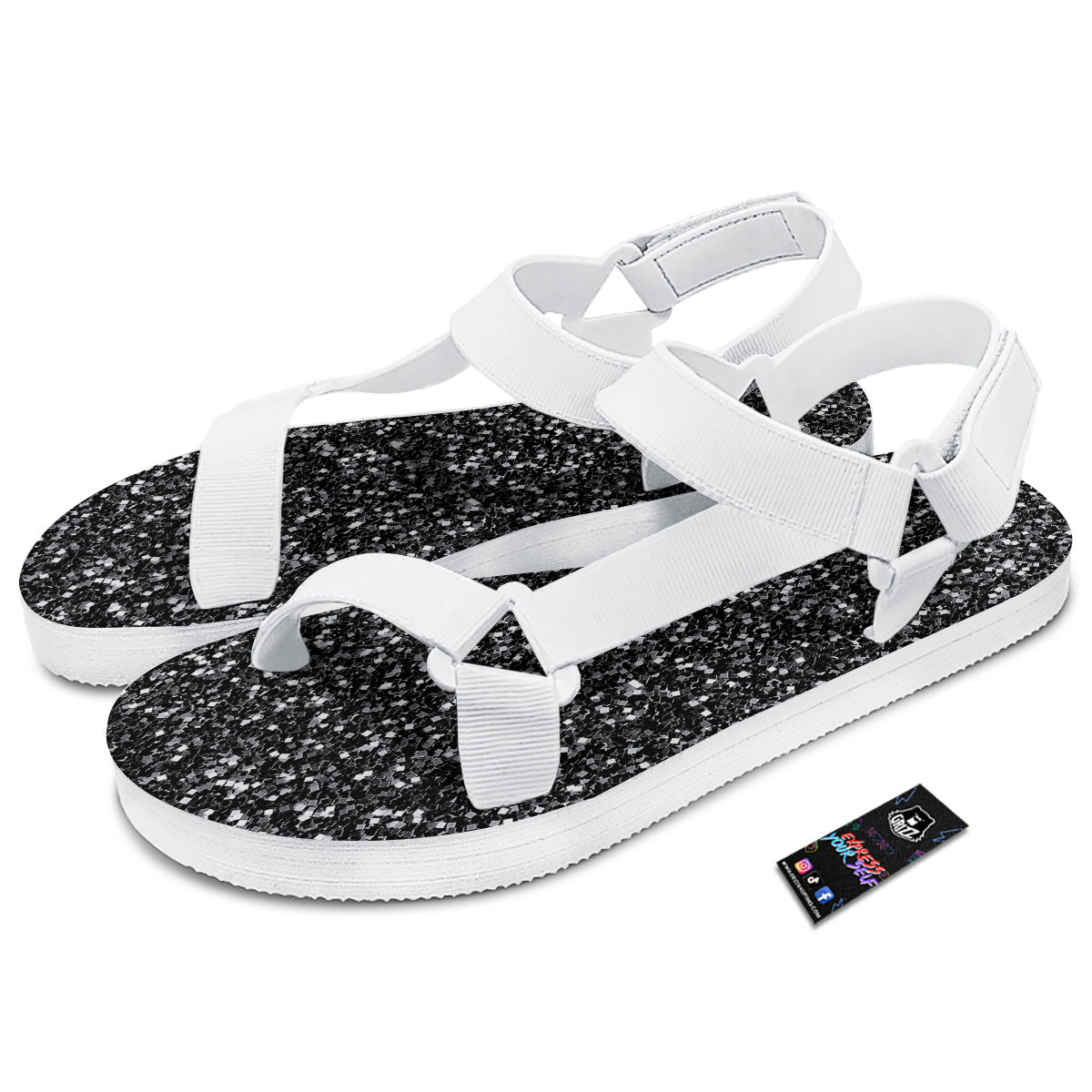 Artwork Black Glitter Print White Open Toe Sandals-grizzshop