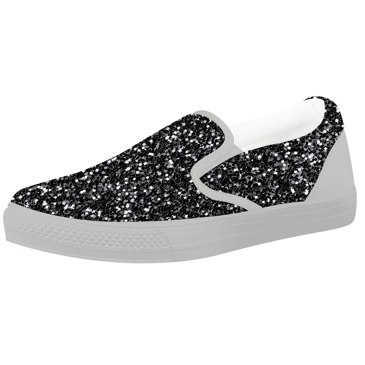 Artwork Black Glitter Print White Slip On Shoes-grizzshop