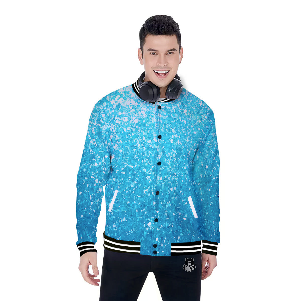 Artwork Blue Glitter Print Baseball Jacket-grizzshop