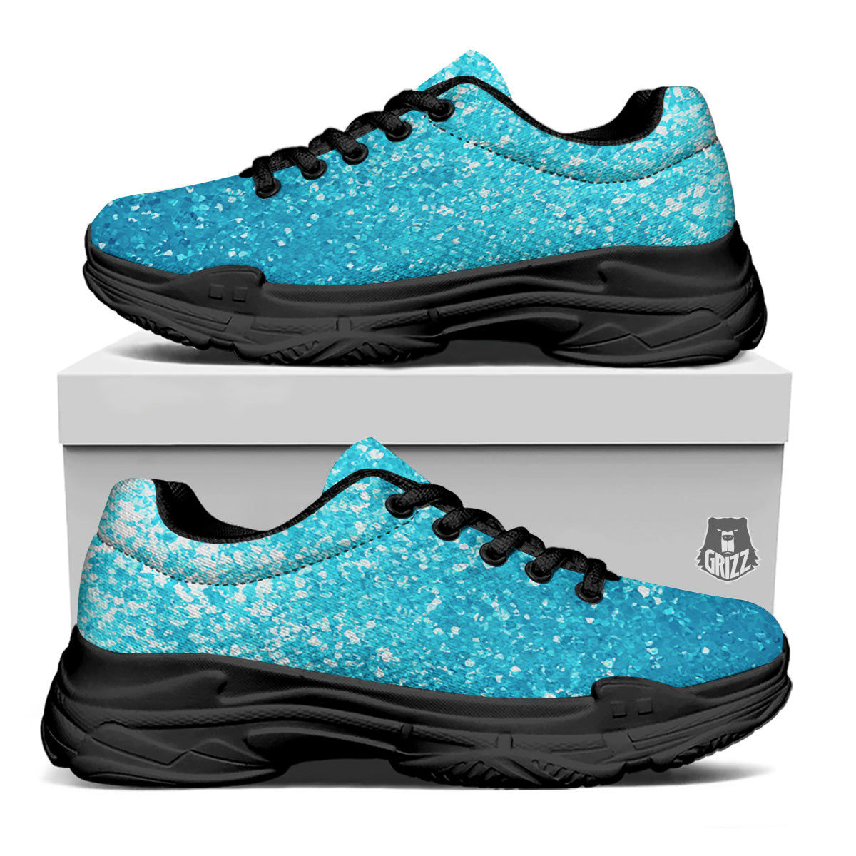 Artwork Blue Glitter Print Black Chunky Shoes-grizzshop