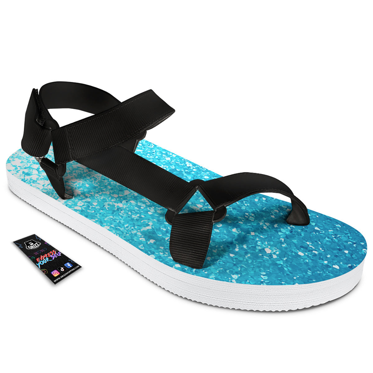 Artwork Blue Glitter Print Black Open Toe Sandals-grizzshop