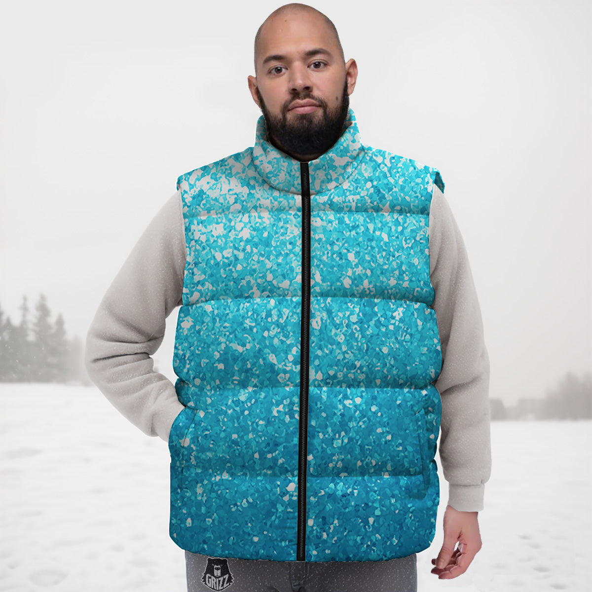 Artwork Blue Glitter Print Down Vest