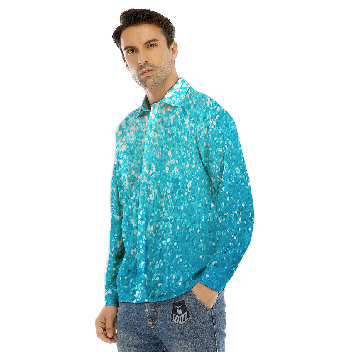 Artwork Blue Glitter Print Men's Dress Shirts-grizzshop