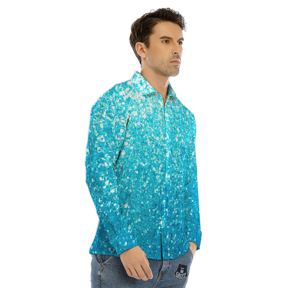 Artwork Blue Glitter Print Men's Dress Shirts-grizzshop