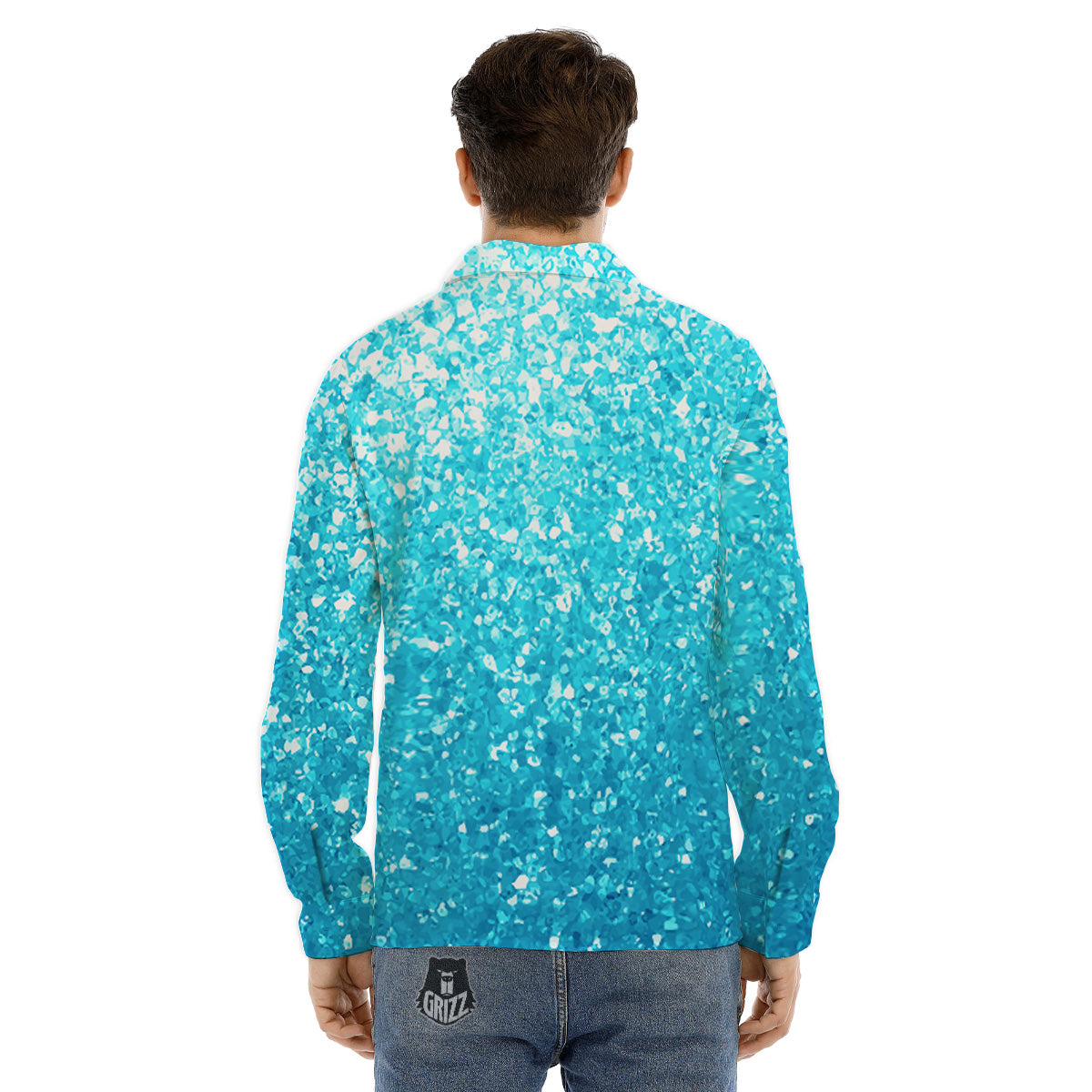 Artwork Blue Glitter Print Men's Dress Shirts-grizzshop