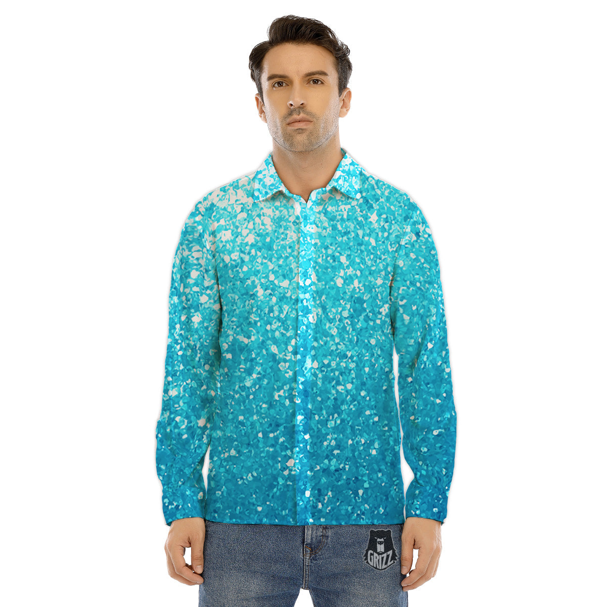 Artwork Blue Glitter Print Men's Dress Shirts-grizzshop