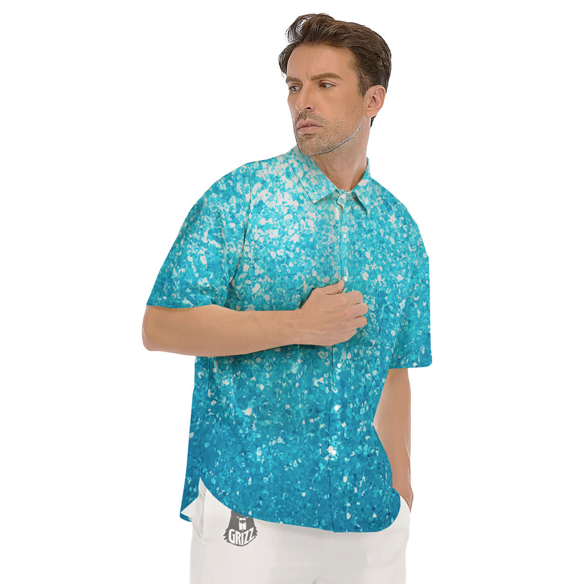 Artwork Blue Glitter Print Men's Short Sleeve Shirts-grizzshop