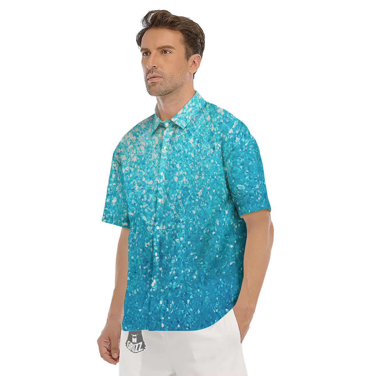 Artwork Blue Glitter Print Men's Short Sleeve Shirts-grizzshop