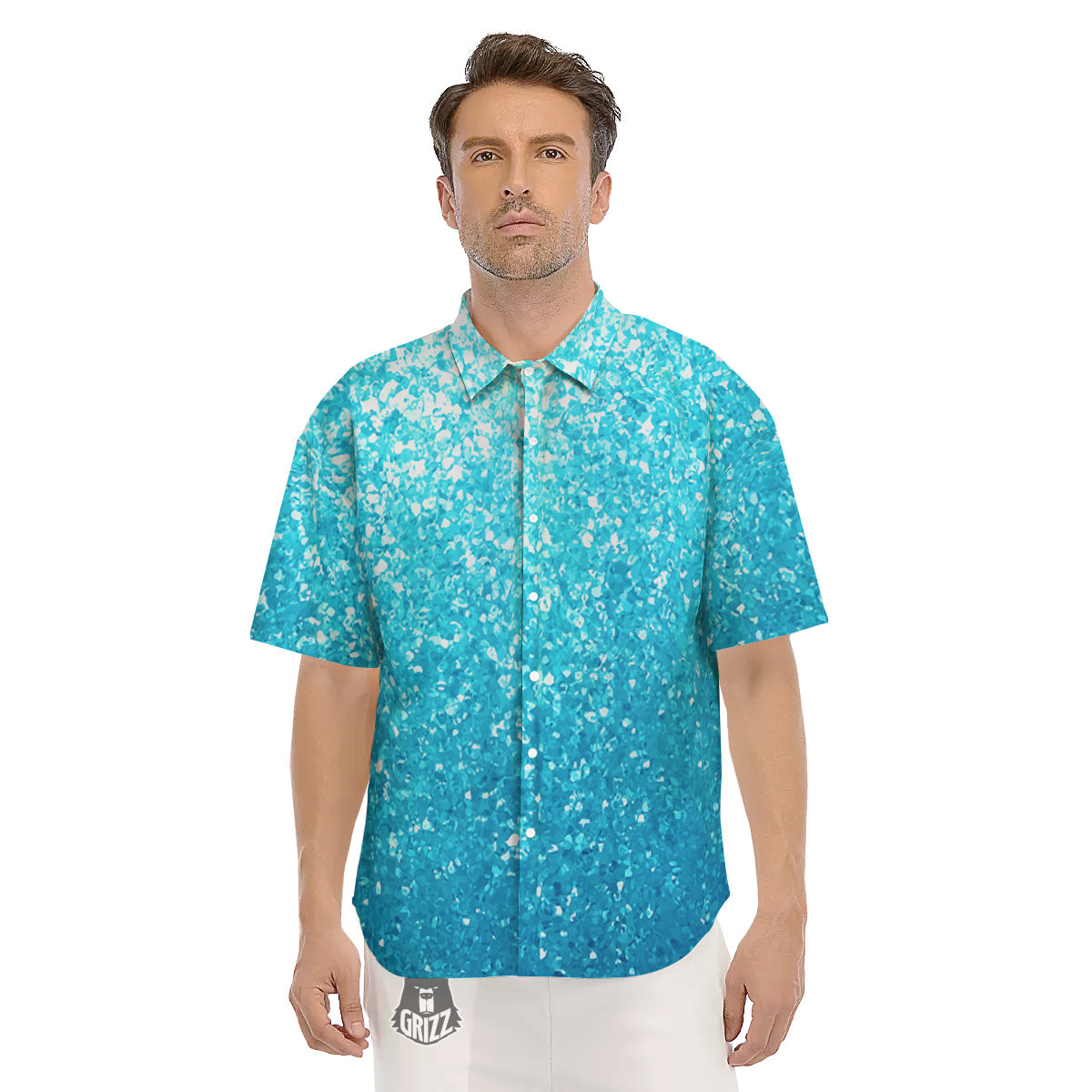 Artwork Blue Glitter Print Men's Short Sleeve Shirts-grizzshop