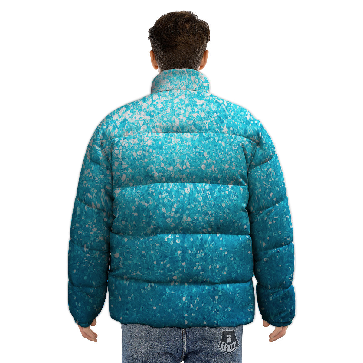 Artwork Blue Glitter Print Puffer Jacket-grizzshop