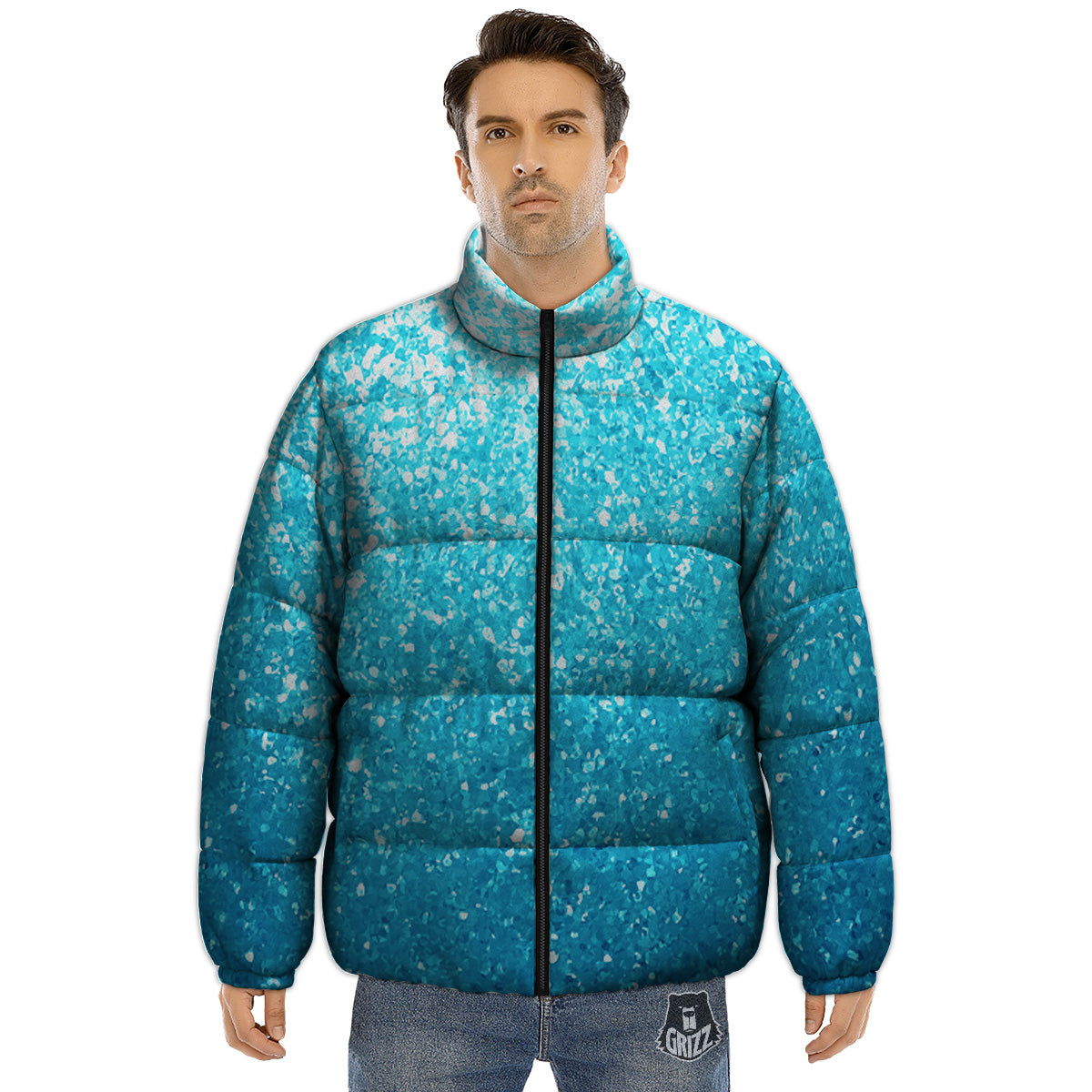 Artwork Blue Glitter Print Puffer Jacket-grizzshop