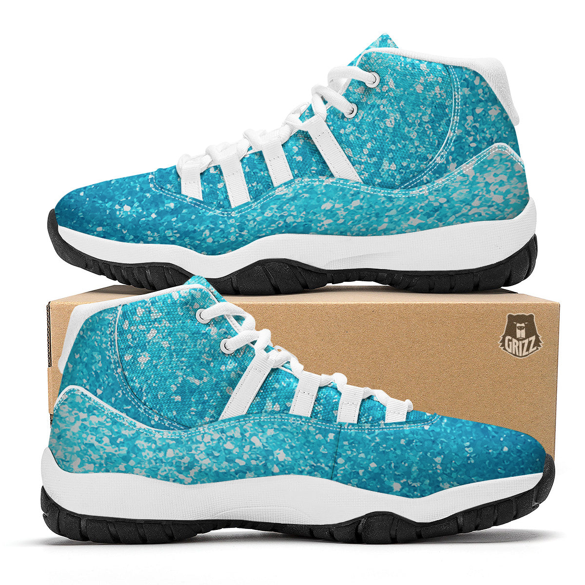 Artwork Blue Glitter Print White Bball Shoes-grizzshop