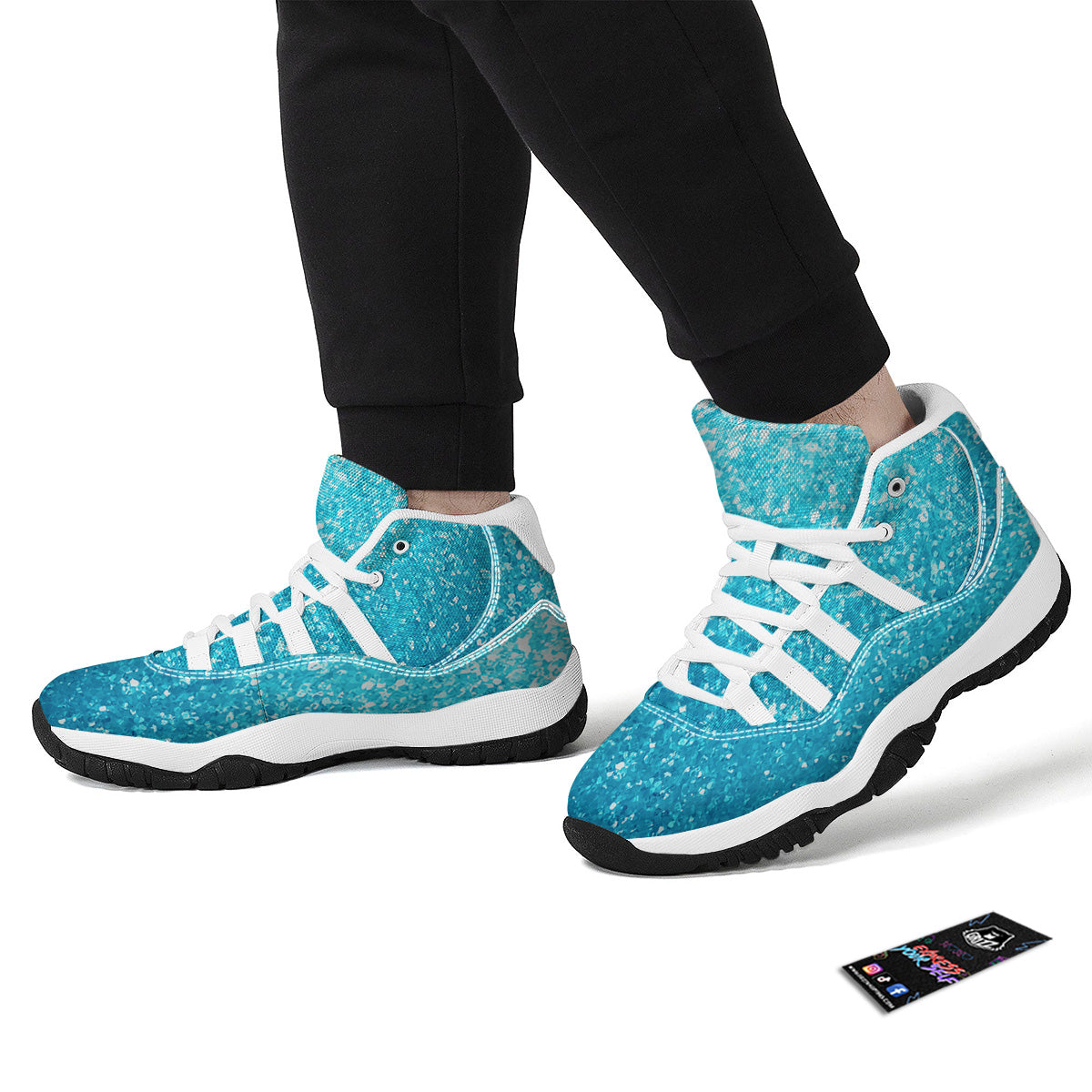 Artwork Blue Glitter Print White Bball Shoes-grizzshop