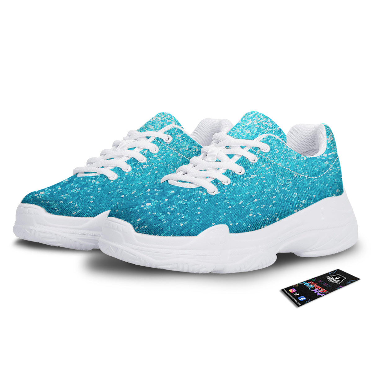 Artwork Blue Glitter Print White Chunky Shoes-grizzshop