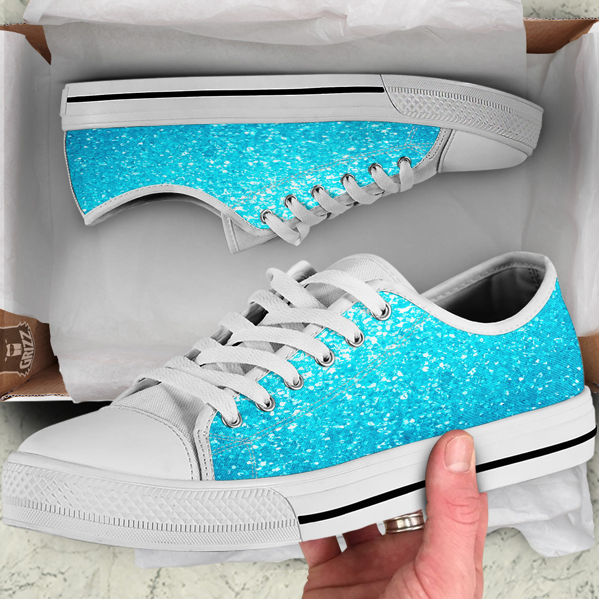 Artwork Blue Glitter Print White Low Top Shoes-grizzshop